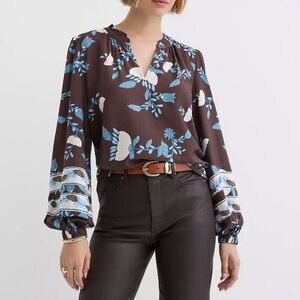 LOFT Women's Blouse - Brown with Blue and White Floral Size L